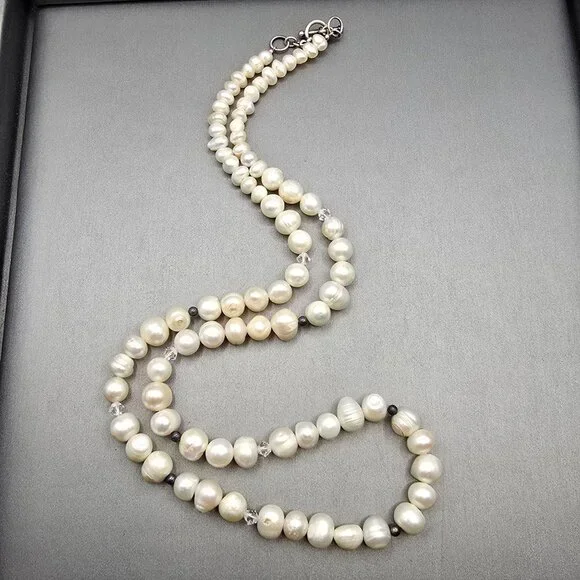 VTG White Graduated Baroque Pearl Necklace 22" Sterling Toggle Crystal Accents - Picture 13 of 13